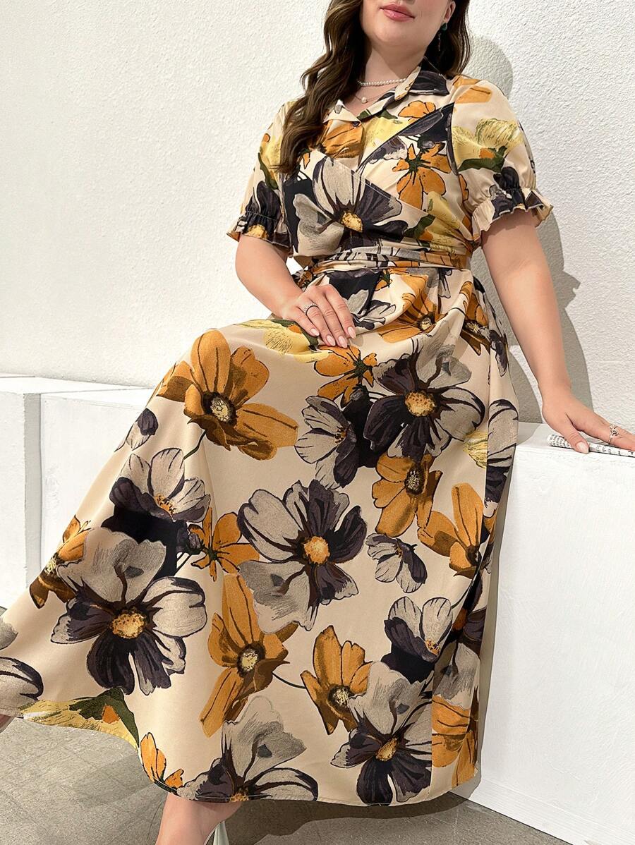 Earth-Tone Floral Print Midi Dress with Waist Tie