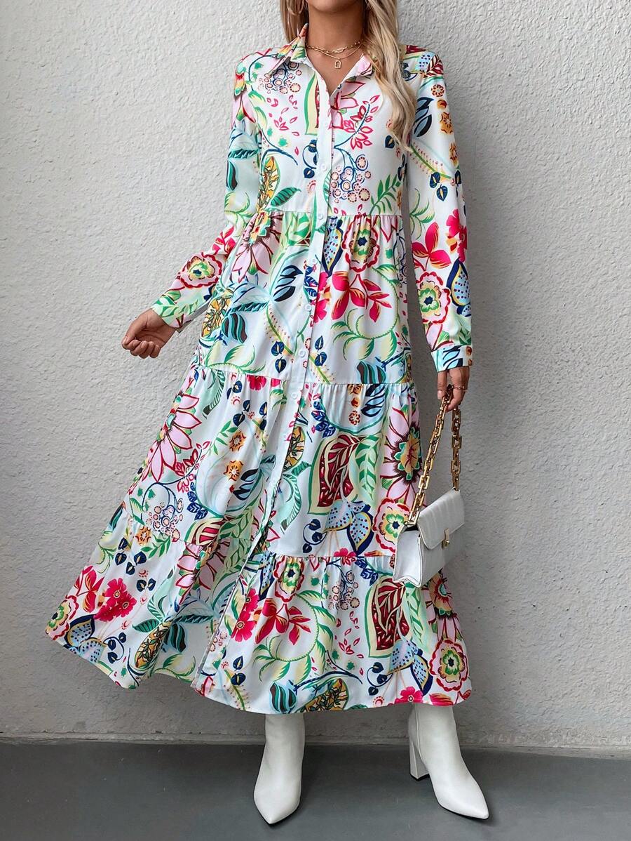 Multi Floral Print Tiered Midi Shirt Dress