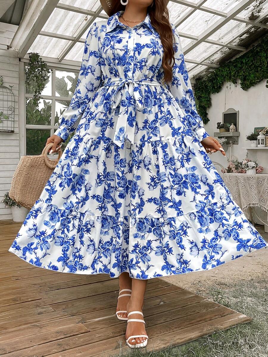 Blue Floral Print Tiered Midi Shirt Dress