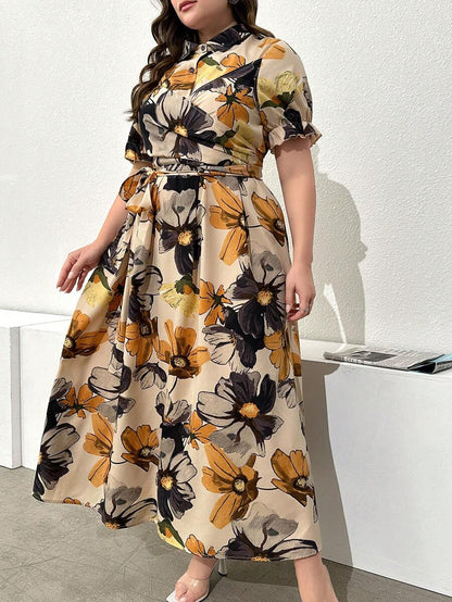 Earth-Tone Floral Print Midi Dress with Waist Tie