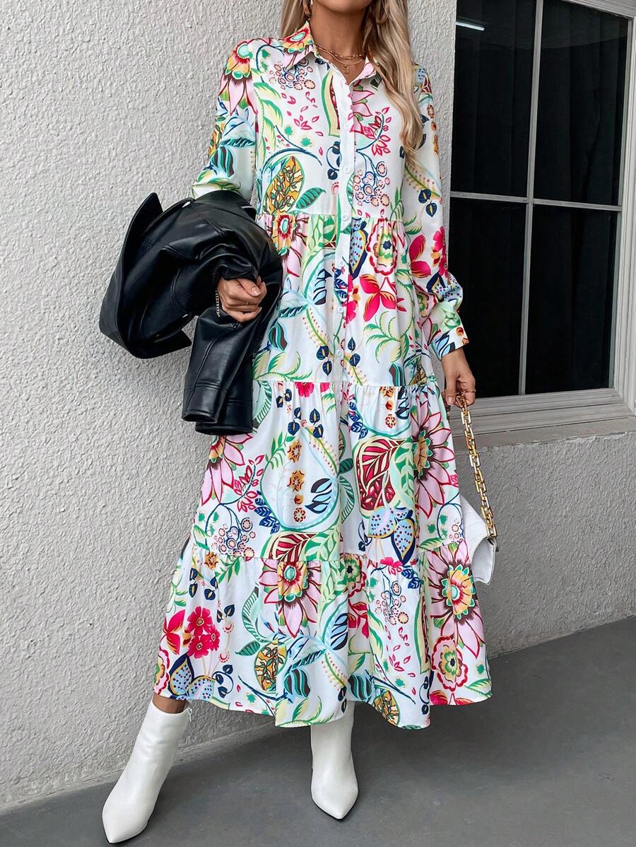 Multi Floral Print Tiered Midi Shirt Dress
