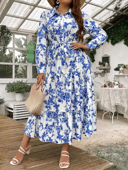Blue Floral Print Tiered Midi Shirt Dress