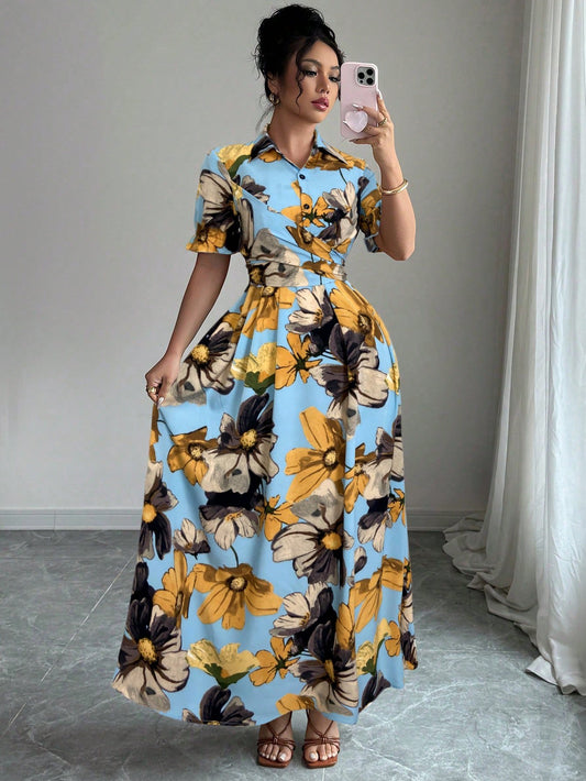 Floral Print Maxi Shirt Dress with Defined Waist