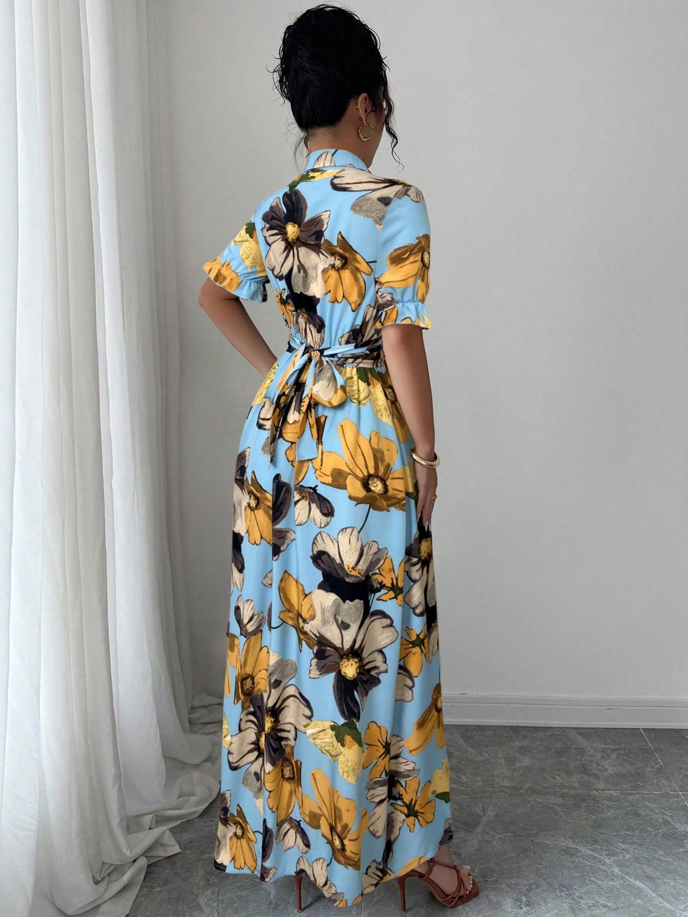 Floral Print Maxi Shirt Dress with Defined Waist