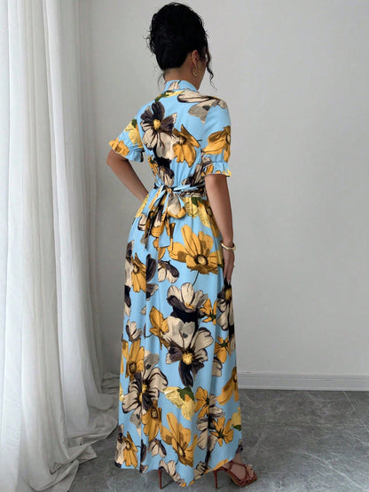 Floral Print Maxi Shirt Dress with Defined Waist