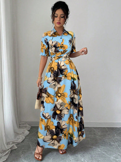 Floral Print Maxi Shirt Dress with Defined Waist