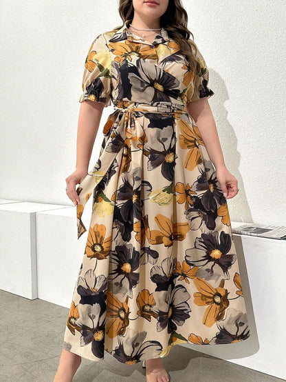 Earth-Tone Floral Print Midi Dress with Waist Tie